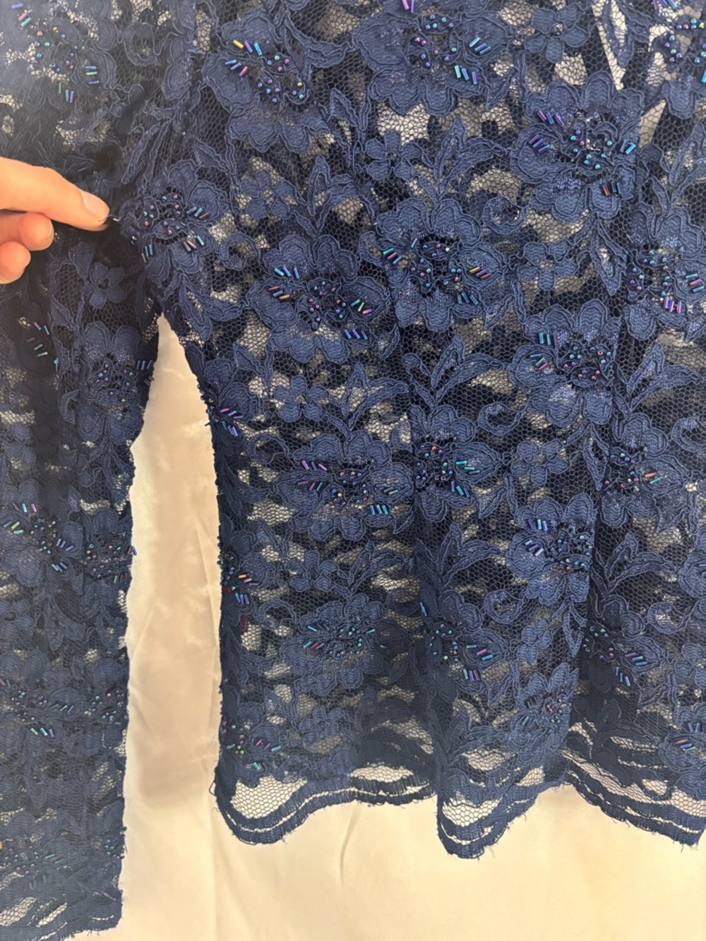 Lace Beaded Long Flare Sleeve Witchy Whimsigoth Sheer Button Up Blouse Size L - Picture 11 of 16